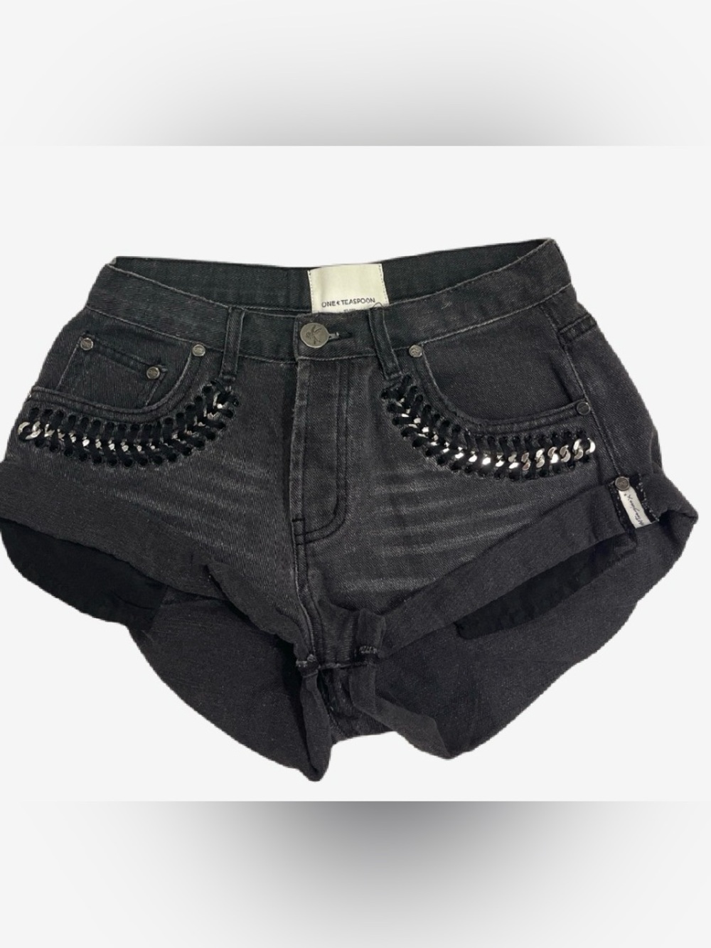 One Teaspoon Black Embellished Denim Shorts with Chain Trim